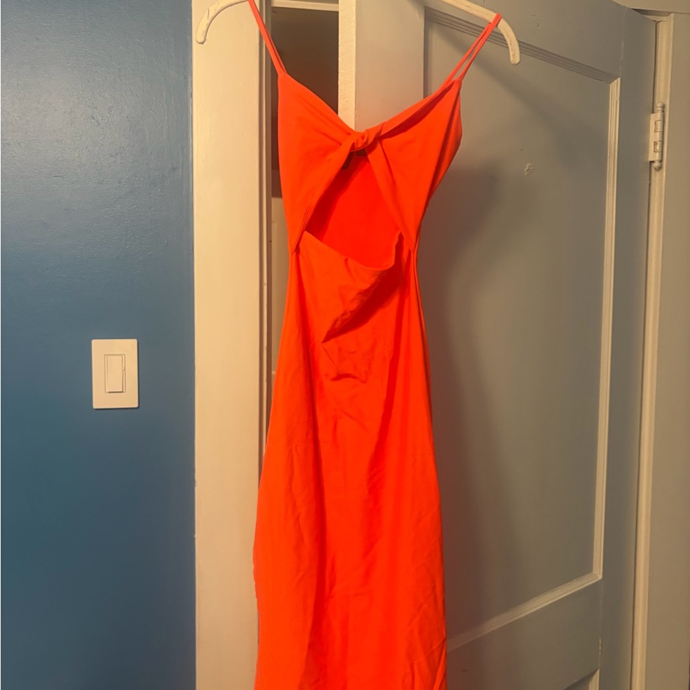 Windsor Bright Orange Strapless Knot-Front Midi Dress